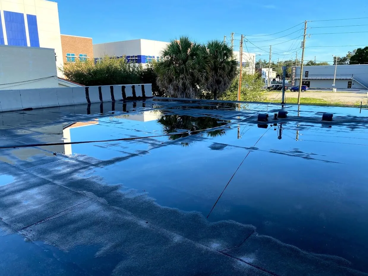 Ponding water on a commercial roof